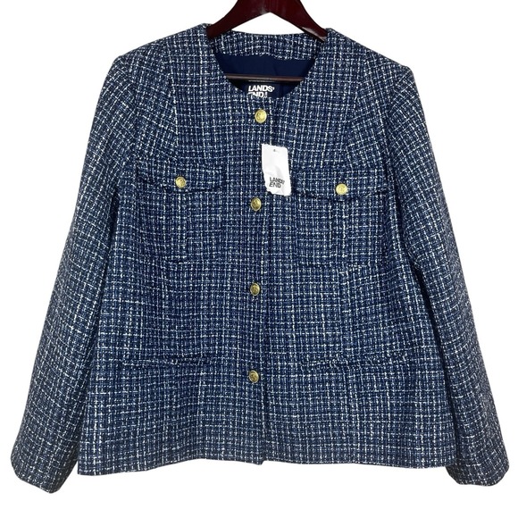 Lands' End Jackets & Blazers - NWT Lands End Tweed Blazer Womens 2X Blue with Gold Buttons Career Jacket